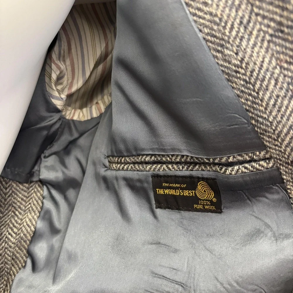 Vintage‎ 90s Herringbone Tweed Blazer Sport Coat Mens 40L Gray 2-Button Retro